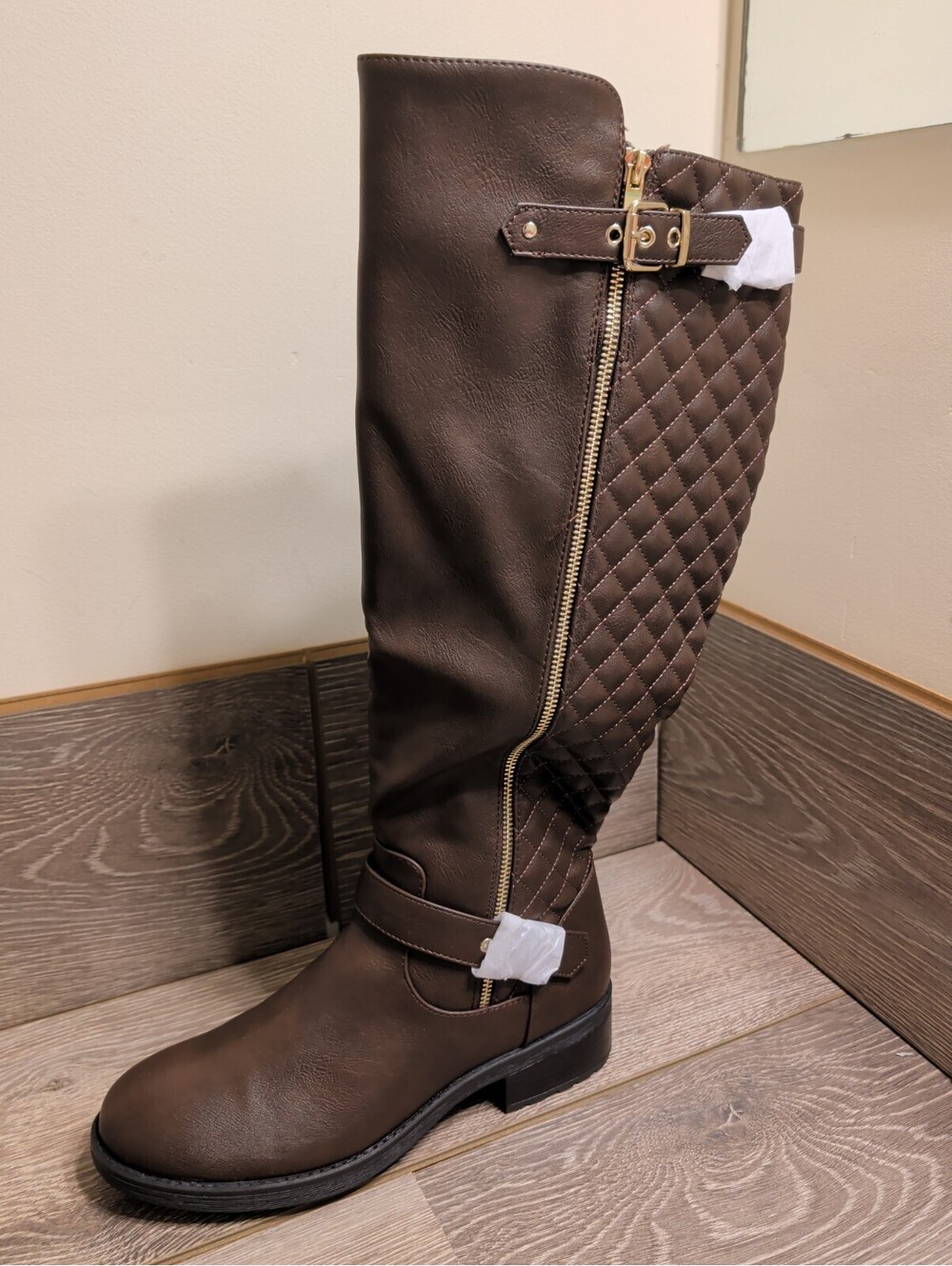 Dream Pairs Utah-W Quilted Knee-High Riding Boots Brown Size 11 Wide Calf